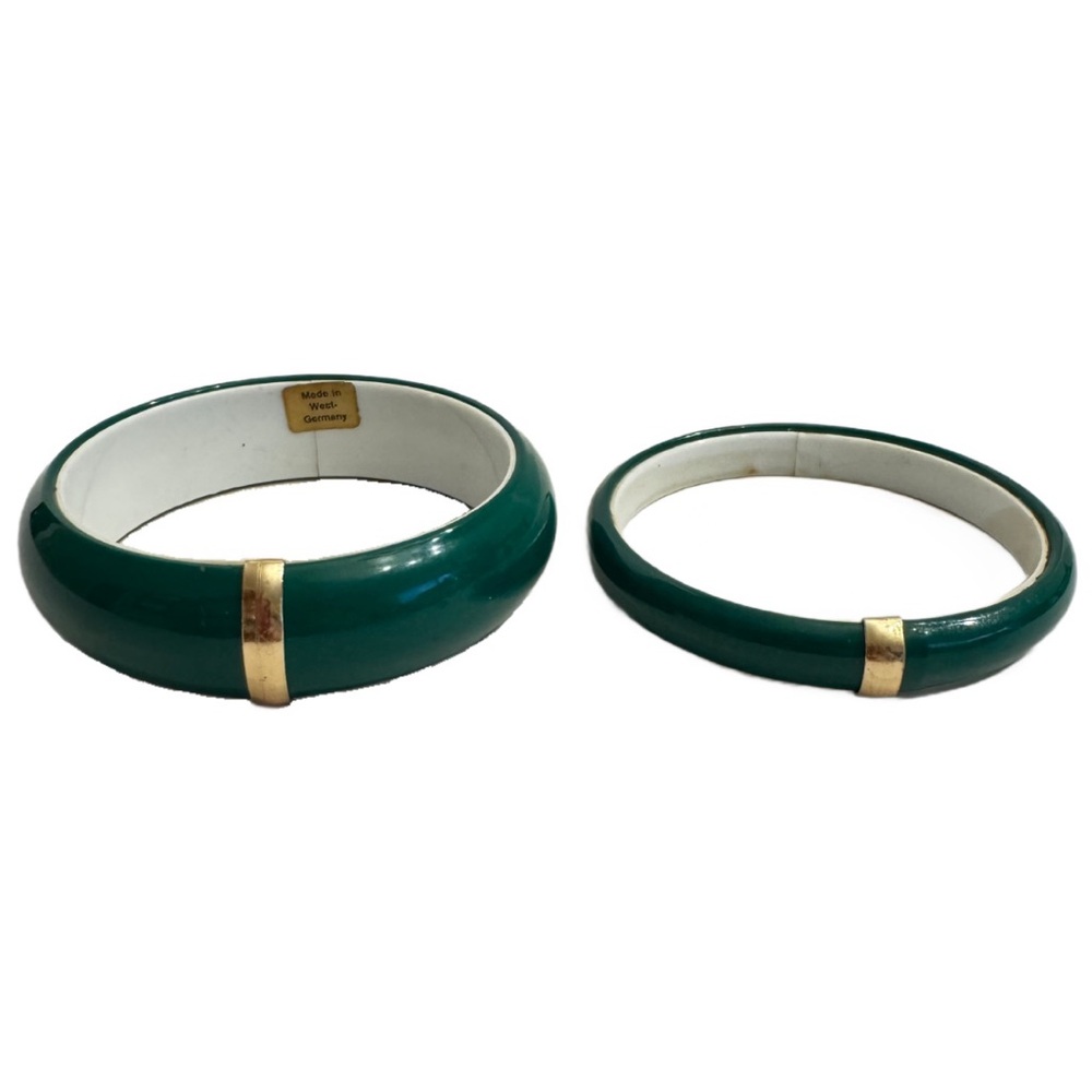 Vintage West Germany LUCITE Bangle Bracelets Lot of 2 Green with Gold RARE SET